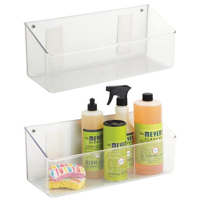 mDesign Wall Mount Plastic Home Storage Organizer Tray Basket with Self-Adhesive Tape - Hanging Bin Shelf for Walls/Doors in Entryway, Mudroom, Bedroom, Bathroom, Office, Laundry, 16"W, 2 Pack - Clear