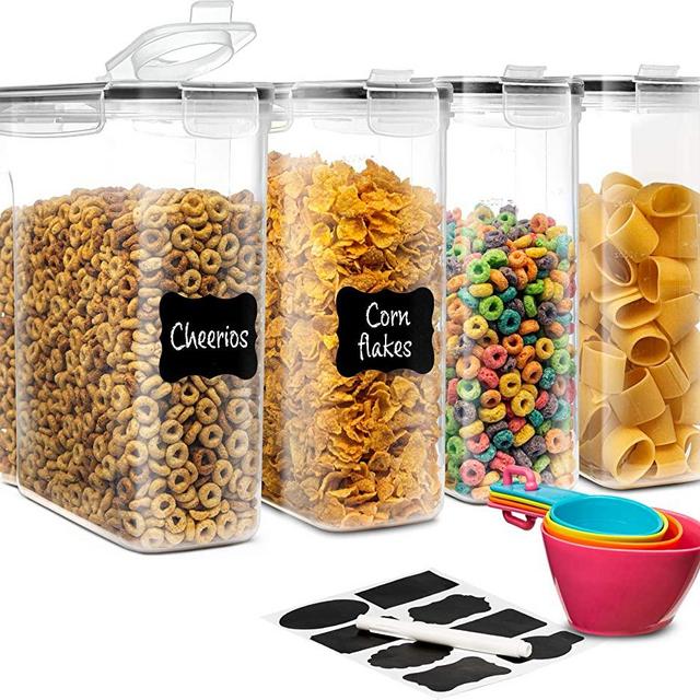 Cereal Container Storage Set (4-Pack) | Cereal Dispensers with Airtight, Leakproof Lids | BPA Free Plastic Food Saver Canisters | Includes Chalkboard Labels, Marker & Measuring Cups | 135.2 oz.