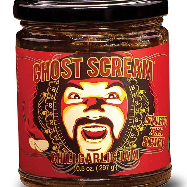 Ghost Scream Hot Sauce - “Chili Garlic Jam” (Sweet, Spicy & Smoky) - This Award Winning Recipe (from a World Renowned Chef) Combines Fresh Ghost Chili Peppers, Fiery Red Jalapenos & Garlic. (10.5 Oz.)