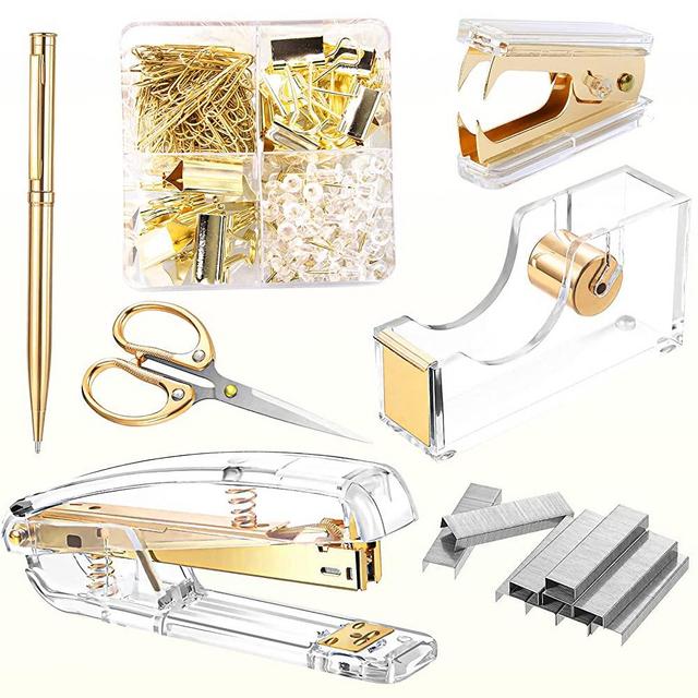 Office Supplies Set Desk Stationery Accessories Kit of Stapler, Staple Remover, Tape Dispenser, Binder Clips, Paper Clips, Ballpoint Pen and Scissor with 2000pcs Staples(Gold)