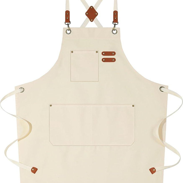 AFUN Chef Aprons for Women Men with Large Pockets, Cotton Canvas Cross Back Water Repellent Work Apron, Size M to XXL (Cream)