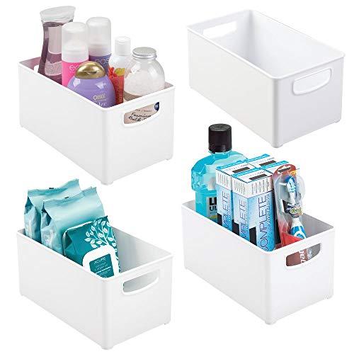 mDesign Deep Plastic Storage Bin with Handles for Organizing Hand Soaps, Body Wash, Shampoos, Lotion, Conditioners, Hand Towels, Hair Accessories, Body Spray, Mouthwash - 10" Long, 4 Pack - White