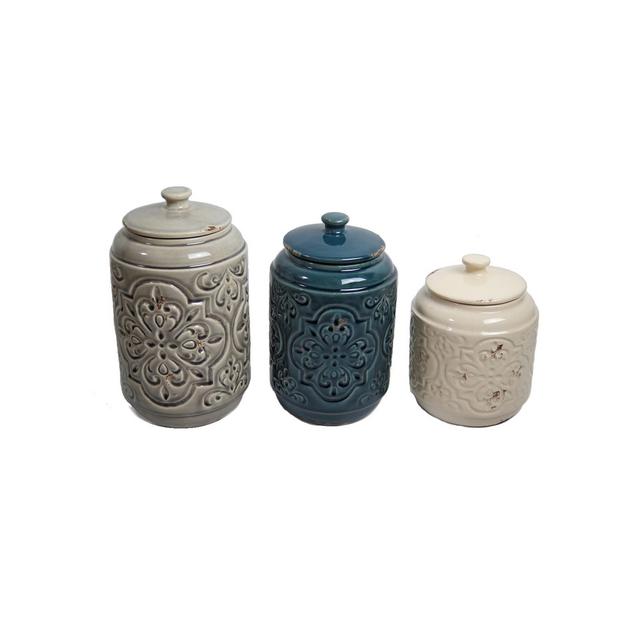 Country Quilted Design Canister Set of 3 Cream/Blue/Gray 56oz/72oz/102oz - Drew DeRose