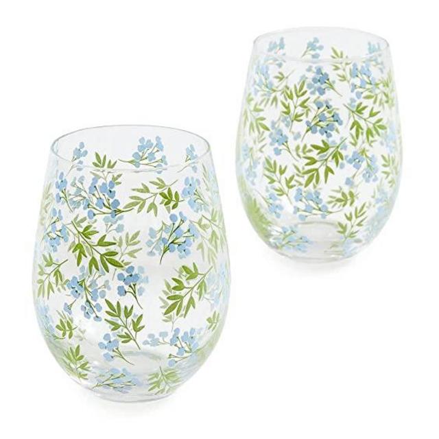 Two's Company Women's Countryside Stemless Wine Glass Set of 2, Blue/Green, One Size