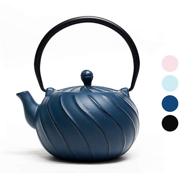 Tea Kettle, TOPTIER Japanese Cast Iron Teapot with Stainless Steel Infuser, Cast Iron Tea Kettle Stovetop Safe, Wave Design Teapot Coated with Enameled Interior for 30 Ounce (900 ml), Navy Blue