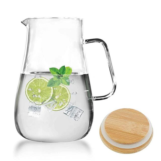 Luvan 68oz Glass Water Pitcher with Natural Bamboo Lid, 3.74inch Wide Mouth to Easily Add Ice or Fruit,and Easy to Clean/Beverage Jug Carafe with a Wide Handle,Great for Juice,Water,Coffee,Tea etc