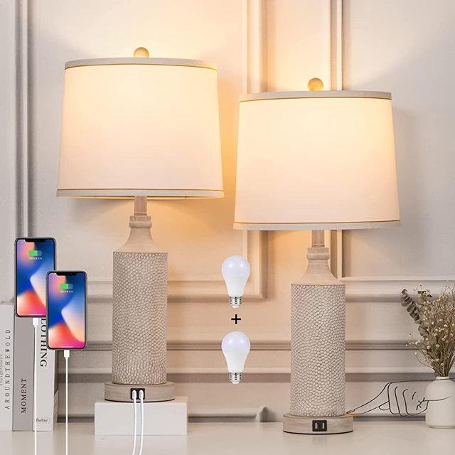 AIDENOEY 27.5"H 3-Way Dimmable Touch Control Table Lamp Set of 2，Vintage Bedside Lamp Nightstand Lamps with Dual USB Ports, Washed White Finish Resin Table Lamp, for Living Room,Bedroom，Office
