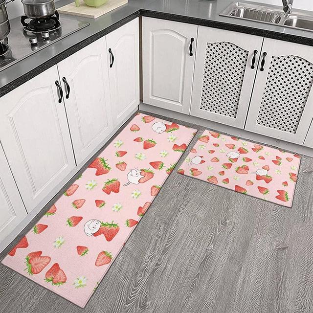 Brilbcu Strawberry Cat Kitchen Mats Set 2 Piece Pink Strawberry cat Decorative Rugs for Kitchen Low-Profile Strawberry Cat Floor Mats