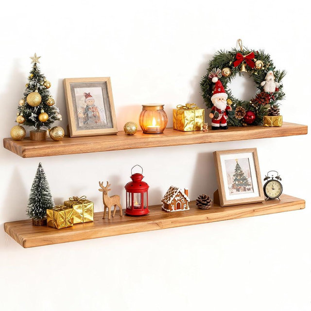 36" Rustic Elm Wood Floating Shelves, 8 Inch Deep Wall Shelves for Home Decor, Wall Mounted Floating Shelf with Invisible Bracket, Heavy-Duty Storage & Display Shelf for Living Room, Kitchen, Set of 2