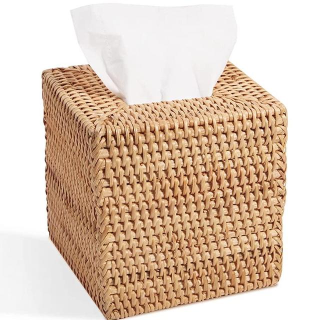 Livelab Rattan Tissue Box Cover, Square Hand Woven Natural Wicker Tissue Box Holder, Decorative Facial Napkin Holder Tissue Box Organizer Dispenser | Natural