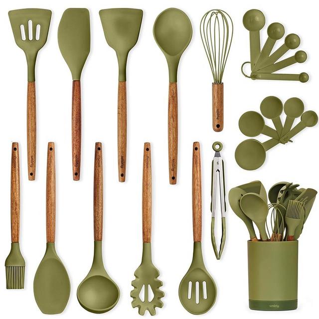 SMIRLY Silicone Kitchen Utensils Set & Holder: Silicone Cooking Utensils Set - Kitchen Essentials for New Home & 1st Apartment Kitchen Set - Silicone Spatula Set, Cooking Spoons for Nonstick Cookware