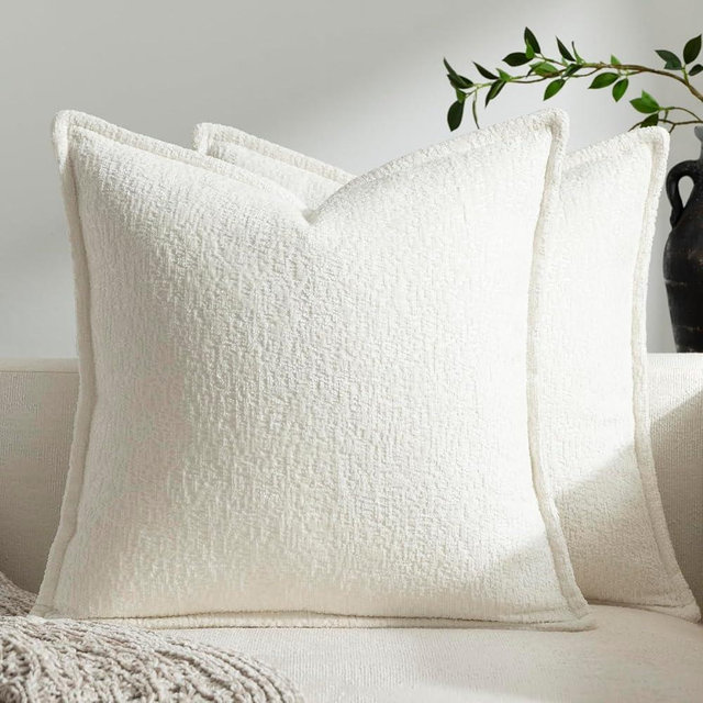 DEZENE Pack of 2 Cream White Euro Shams Pillow Covers 26x26 Cozy Soft Chenille Decorative Throw Pillow Covers Accent Vintage Square Couch Pillow Covers for Home Decor Bed Sofa Living Room