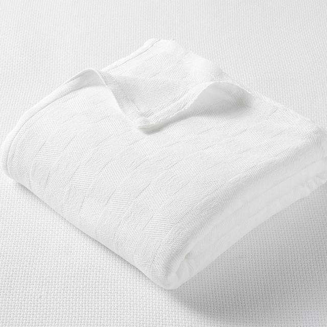 White Basketweave Cotton Jacquard Blanket, Full/Queen