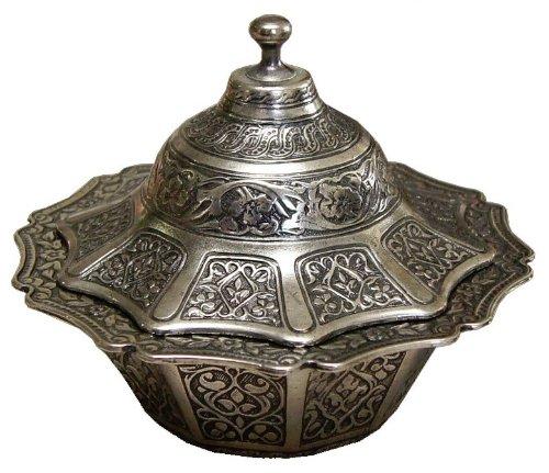 Ottoman Style Engraved Copper Sugar Turkish Delight Candy Bowl (Antique Silver)