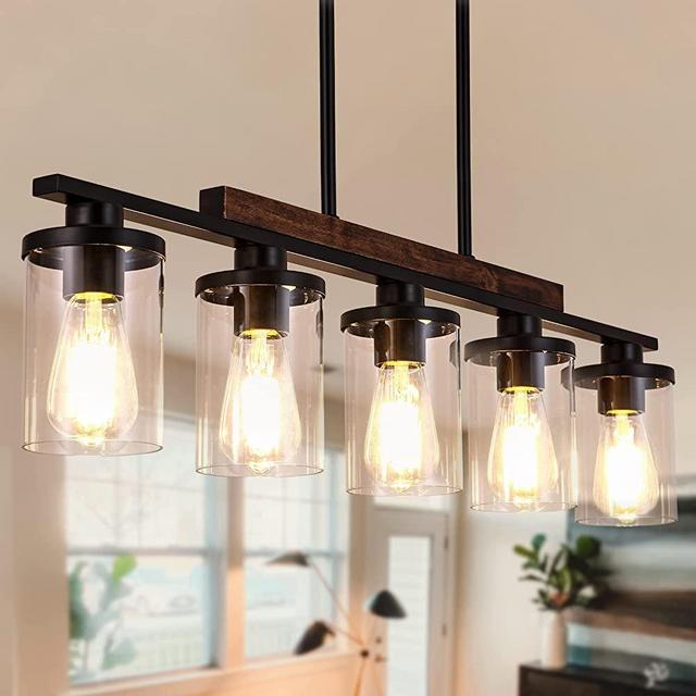 NSRCE Kitchen Island Light,5-Light Dining Room Light Fixture, Pendant Lighting for Kitchen Island Dining Table Living Room with Glass Shade, Black Metal and Wood