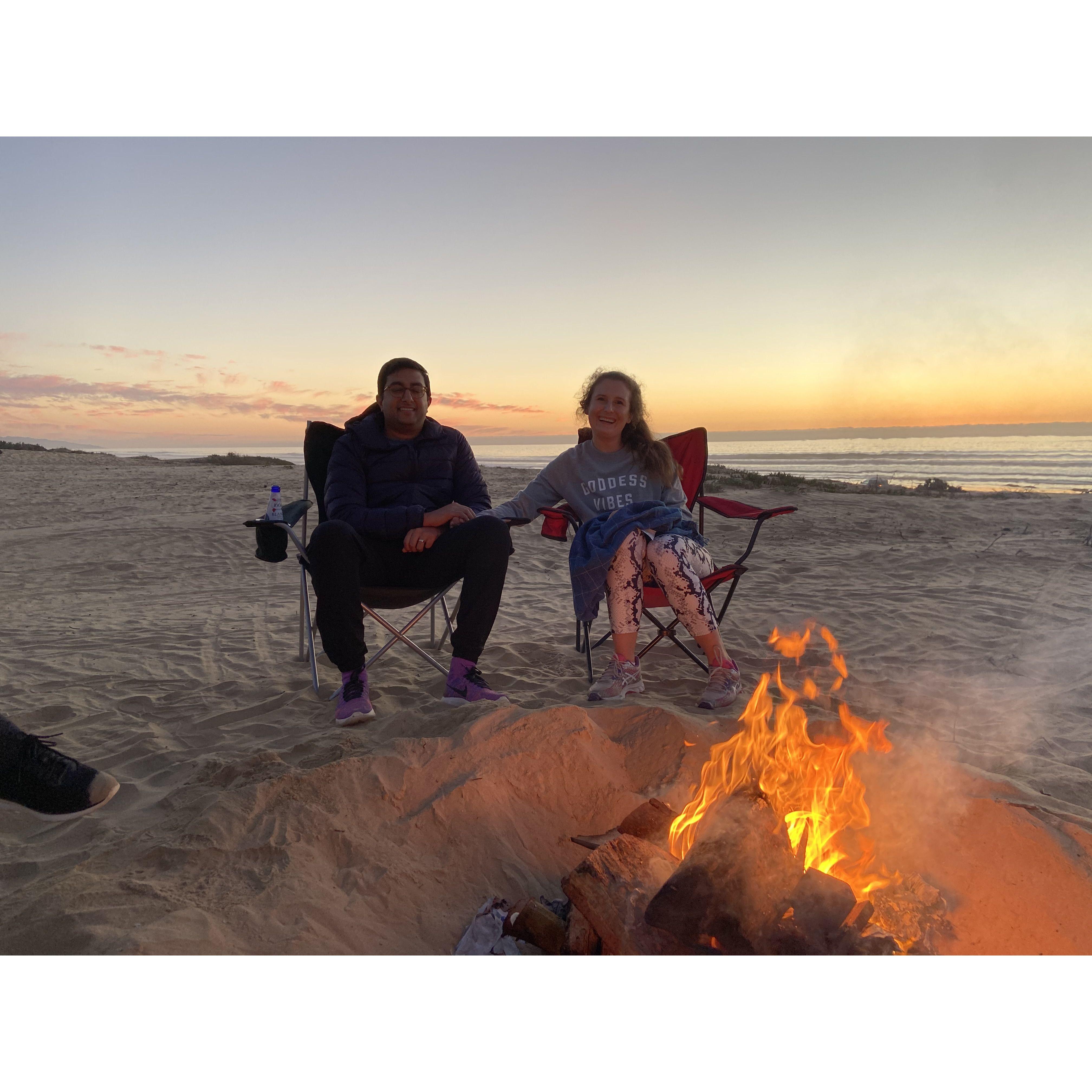 Zoe's big sister and brother in law enjoying an evening beach campfire in Oceano