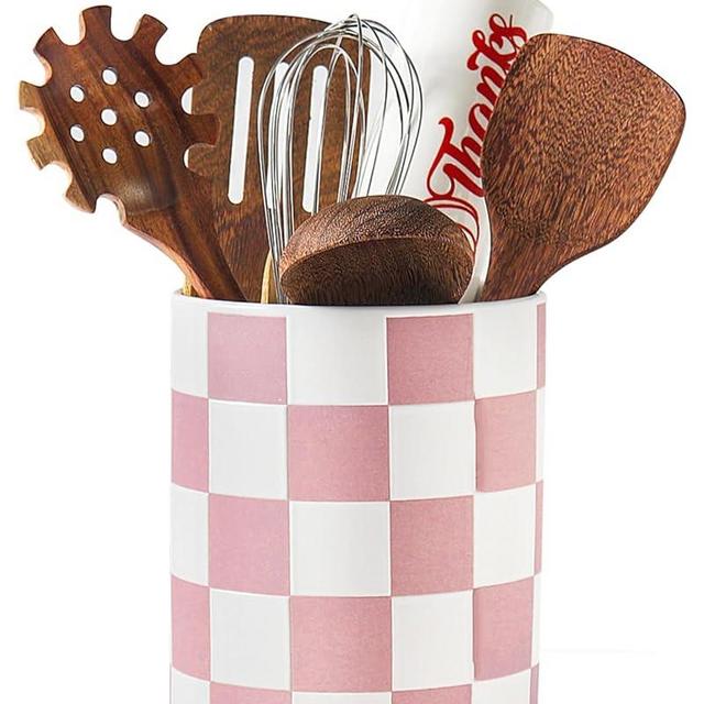 Swkien Utensil Holder，7.2 Inch Checkered Utensil Holder, Ceramic Cooking Utensil Spoon/Spatula Holder for Countertop, Kitchen Decor and Accessories for counte(Purple)