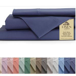 Linen Home 100% Cotton Percale Sheets Queen Size, Dark Blue, Deep Pocket, 4 Pieces Set - 1 Flat, 1 Deep Pocket Fitted Sheet and 2 Pillowcases, Crisp Cool and Strong Bed Linen