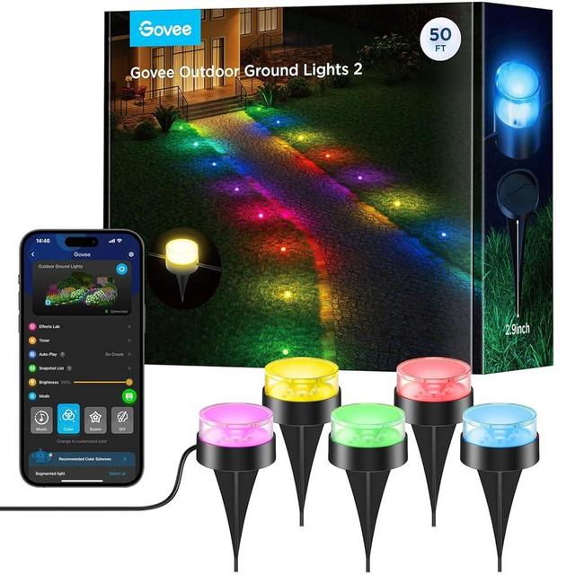 Govee Outdoor Ground Lights 2, 50ft Outdoor Lights for Christmas, 15 Pack RGBIC Pathway Lights with 100LM Warm White, IP67 Waterproof for Patio, 63 Scene Modes, Works with Alexa, Google Assistant