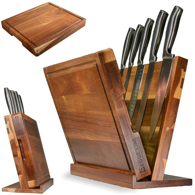 EDGE LINE Magnetic Knife Block Holder With Large 14 x 12 Inch Cutting Board, Premium Acacia Hard Wood Magnetic Knife Holder Rack for Kitchen Counter, 1.5 Inch Thick Butcher Block Cutting Board