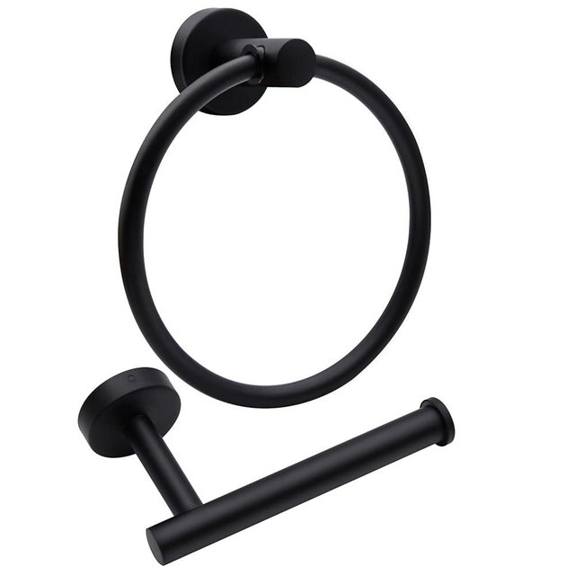 2pcs Matte Black Toilet Paper Holder and Towel Ring Set, Stainless Steel Hand Towel Holder and Towel Hanger with Hardware Pack