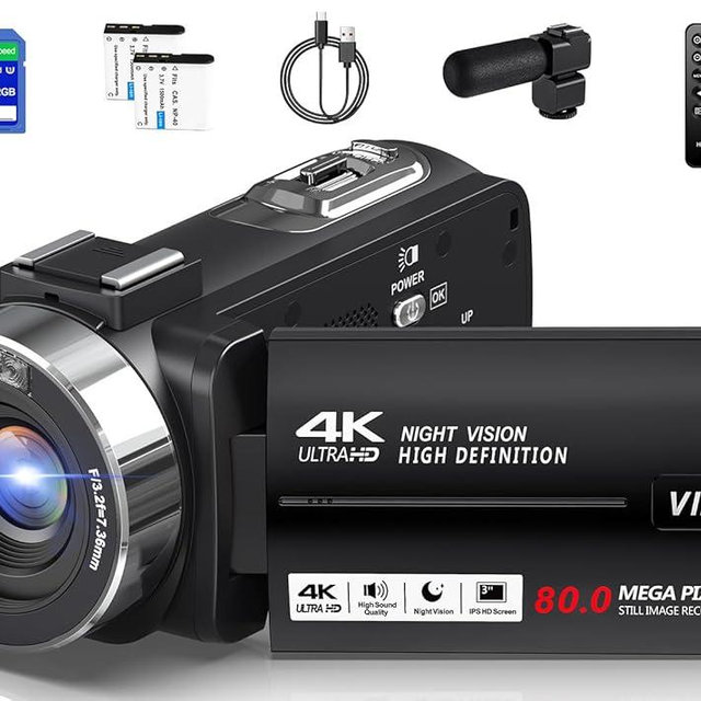 Peryoua Camcorder Video Camera 4K HD 80MP Vlogging Camera for YouTube IR Night Vision Camera 18X Digital Zoom 3.0 IPS Screen Video Recorder with 32GB SD Card, 2 Batteries and Remote Control