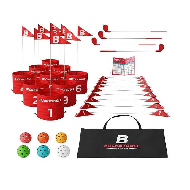 bucketgolf 9 Hole Bundle with Clubs - Outdoor Golf Game for All Ages, Adults, Kids, Family. Play Golf Anywhere, Yards, Beach, Park, Backyard. (4 Clubs (3 RH + 1 LH))