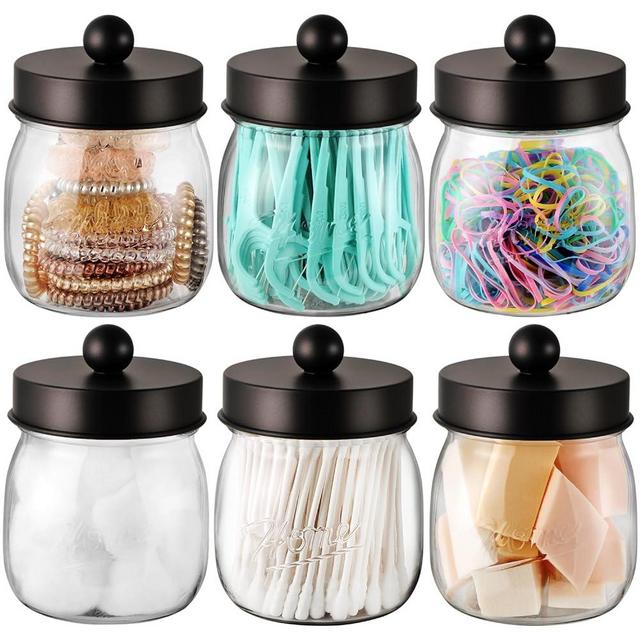 Farmhouse Decor Apothecary Jar Set,Mason Jar Bathroom Vanity Storage Organizer Canister - Qtip Holder Plastic Acrylic Jar for Cotton Swabs,Cotton Pads,Floss Picks,Paper Clips,Hair Clips(6 Pack,Bronze)