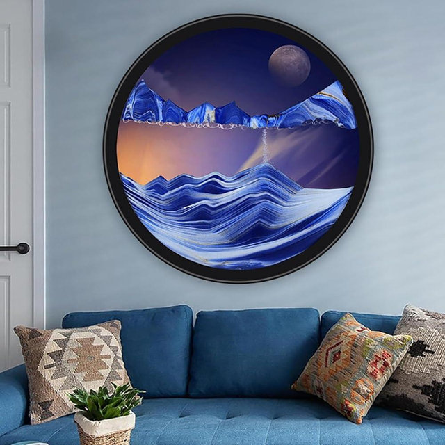 PROEATS Moving Sand Art, Wall Art Deep Sea Sandscape Room Decoration, 360°Rotate Sand Art Liquid Motion, Glass Crafts Solid Wood Frame, Relaxing Wall Decor for Home Office (Blue2, 17.3in)