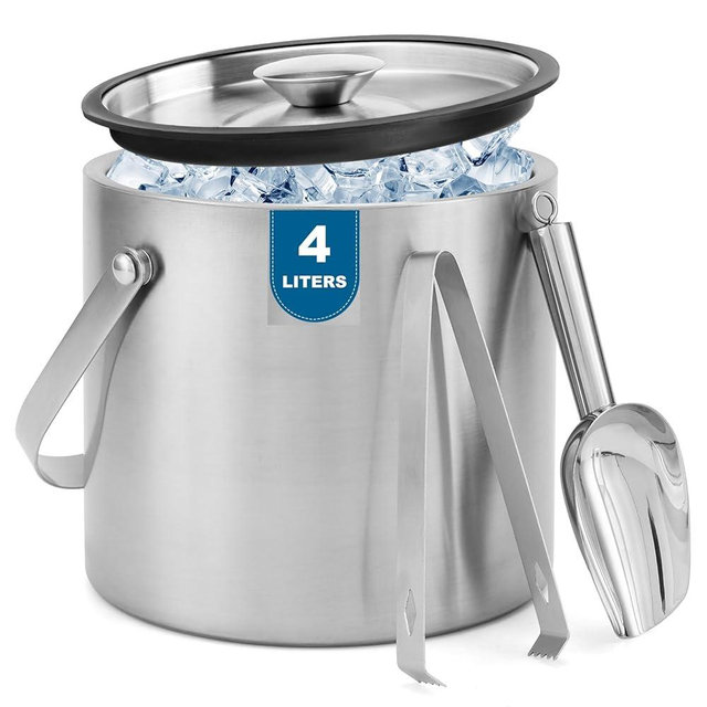 4L Stainless Steel Ice Bucket with Lid, Insulated Double-Wall Party Ice Bucket with Scoop & Tongs, Portable Ice Container for Chilled Champagne Wine Drink, Ideal for Home/Activities/Bar Freezer