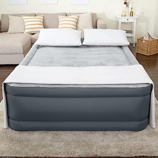 SLEEPLUX Queen Air Mattress | Supersoft Snugable Top, Extra Durable Tough Guard with Built-in Pillow | Raised 22" Airbed with Built in Pump + USB Charger, Grey (69093E)
