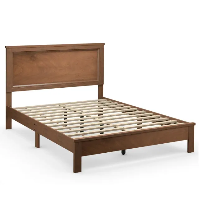 Costway Queen Size Bed Frame Platform Slat High Headboard Bedroom Rubber Wood Leg Walnut