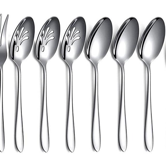 10-Piece Serving Flatware Silverware Set,Stainless Steel Serving Utensil Set,Include Slotted Serving Spoon, Serving Spoon, Butter Knife, Sugar Spoon, Serving Fork(Silver)