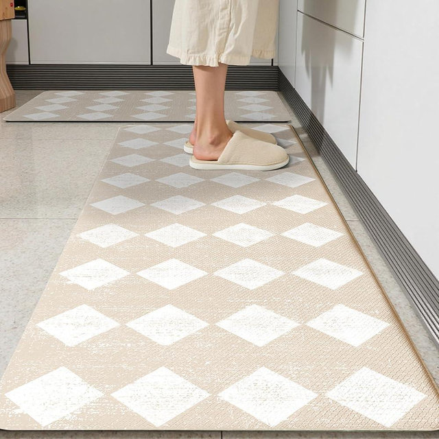 VivaNest Moroccan Trellis Cream Checkered Kitchen Rug Sets [2 PCs], Anti-Fatigue, Waterproof Non-Slip Kitchen Mats Heavy Duty Ergonomic Comfort Foam Rug for Floor, Home, Laundry,17"x29"+17"x47"