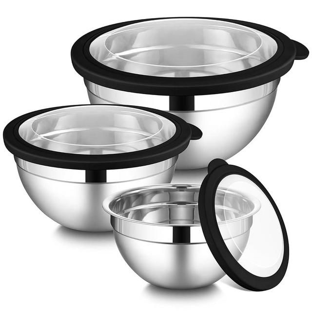 LIANYU Mixing Bowls Sets of 3, Stainless Steel Metal Nesting Mixing Bowl Sets for Kitchen, Large and Small Size 4.6 & 3 & 1.5QT, Include Transparent & Airtight Lids, Dishwasher & Freezer Safe, Black