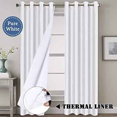 H.VERSAILTEX Faux Silk Blackout Extra Long Curtains for Bedroom - Soft Material with Natural Liner Backing Window Treatment Panels Pair, Thermal Insulated & Room Darkening, 52x108 - Inch, White