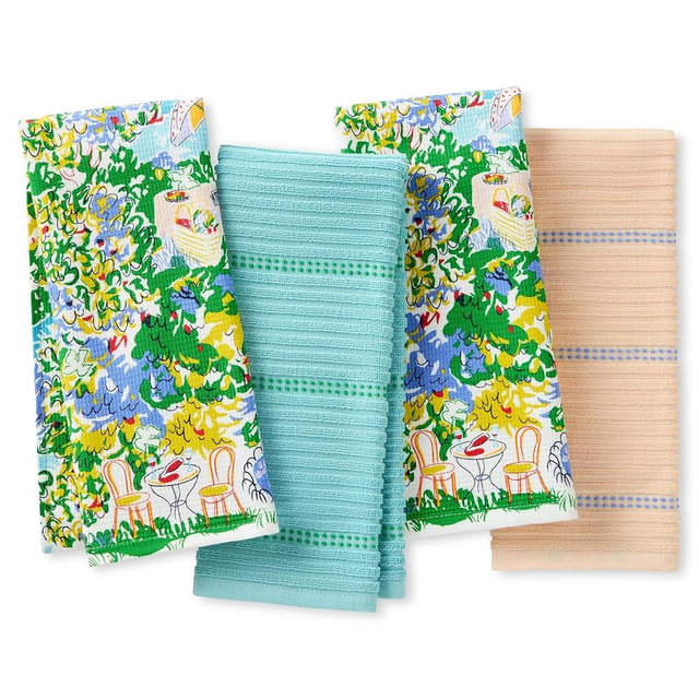 Kate Spade New York Spring Garden Kitchen Towels 4-Pack Set, Absorbent 100% Cotton, Blue/Green/Beige, 17"X28"