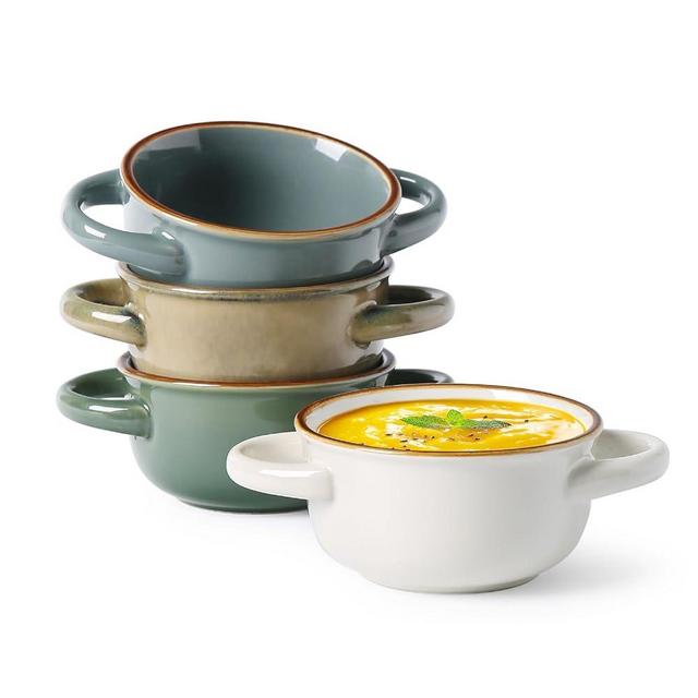 MONITO Ceramic Salad Bowl with Handles, 28 oz French Onion Soup Bowls, Ceramic Soup Bowls for Cereal, Pasta, Chilli, Beef Stew, Stackable Serving Bowl Set of 4 (16 OZ)