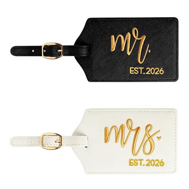CHOIEO Mr and Mrs Luggage Tags, Bridal Shower Gift Honeymoon Gifts Wedding Gifts for Bride, PU Leather Travel Tags with Name ID Address Card (Black/White Gold Mrmrs Est2026)
