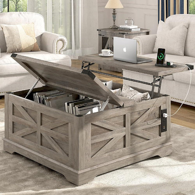 Hlivelood 36" Farmhouse Movable Lift Top Coffee Table with Storage and Power Outlets, Square Wood Living Room Tables with Wheels&Large Hidden Space, Lift Wooden Barn Door Center Table, Grey