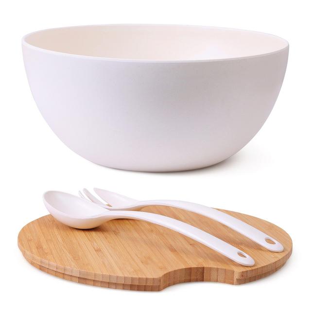 Clean Dezign Large Salad and Serving Bowl with Bamboo Wood Lid and Servers Set - 11.5" Bamboo Fiber Mixing Bowl and Utensils with Wooden Cutting Board Top (Large, Natural White)