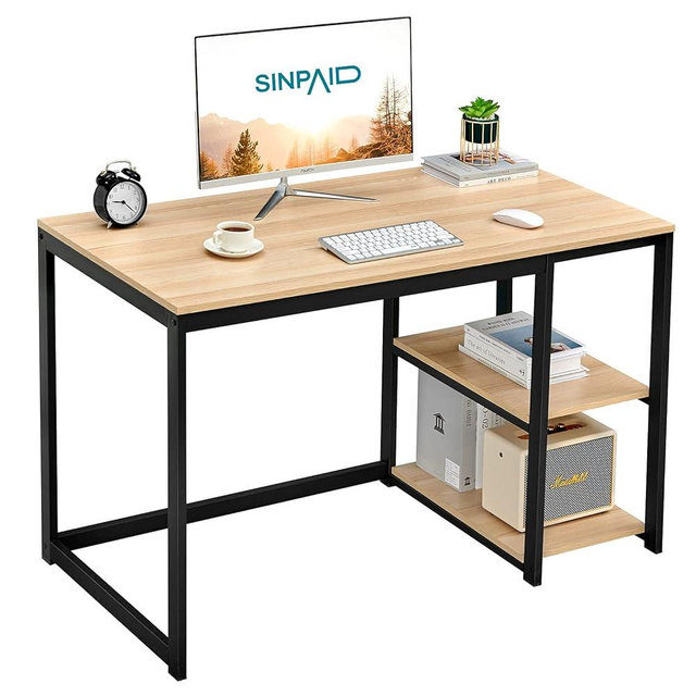 SINPAID Computer Desk 40 inches with 2-Tier Shelves Sturdy Home Office Desk with Large Storage Space Modern Gaming Desk Study Writing Laptop Table, Oak