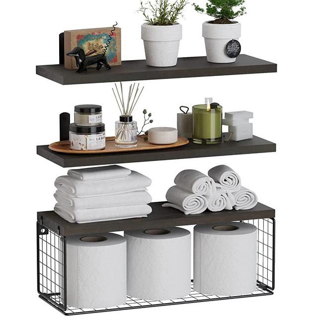 WOPITUES Floating Shelves Wall Mounted, Rustic Wood Bathroom Shelves Over Toilet with Paper Storage Basket, Farmhouse Floating Shelf for Wall Decor, Bedroom, Living Room, Kitchen–Dark Brown