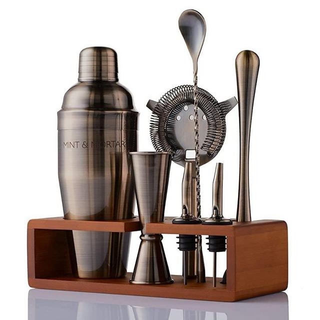 Mint&Mortar 7-Piece Cocktail Shaker Set with Bamboo Stand Stainless Steel Mixology Bartender Kit with Bar Tools for The Home & Professional Great Martini/Margarita 24oz Mixer (Brushed Gold)