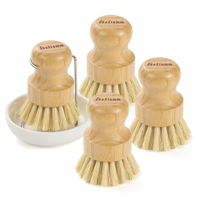 ÖKOSTAMM 6 PCS Bamboo Dish Brush Set - Natural Scrub Brush for Dish with Tray and Drain Holder, Wooden Dish Scrubber for Kitchen Cleaning Dishes, Pots, Pans and Vegetables (6)