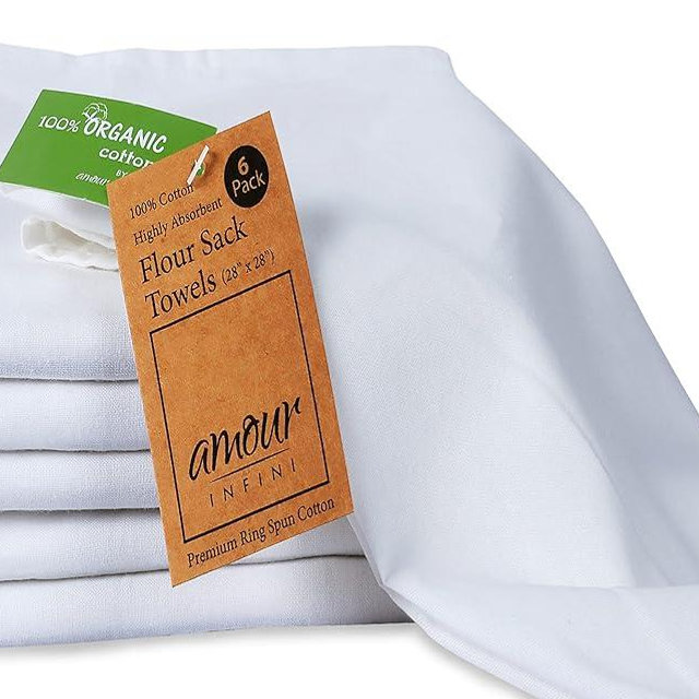 AMOUR INFINI White Organic Cotton Flour Sack Kitchen Towels Pack of 6 - Tea Towel for Embroidery and Drying Glass, Dinnerware - Lint Free & Highly Absorbent Flour Sack Dish Towel (28x28 Inch)
