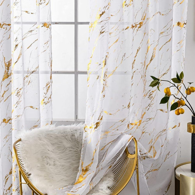 Sutuo Home Marble White Sheer Curtains 96 Inches Long, Gold Foil Print Metallic Bronzing, Privacy Window Treatment Decor Abstract Drape Pair 2 Panels Set for Bedroom Kitchen Living Room 52" W x 96" L