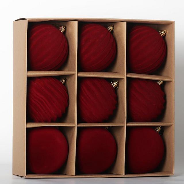 Senjie 3.94inch Christmas Tree Ornaments Velvet Balls,9PCS Flocked Decoration Balls Ornaments Sets for Christmas 2024 Red