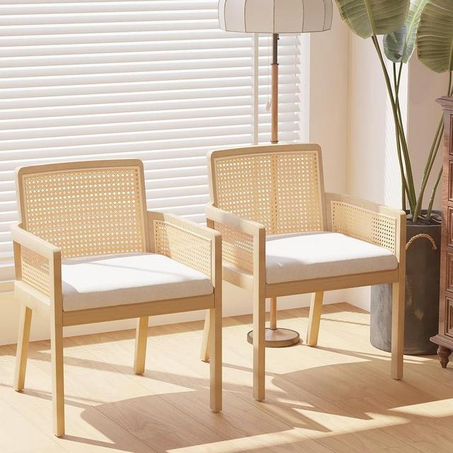 MeetLeisure Mid-Century Modern Rattan Chair Set of 2 - Rattan Accent Chair Wooden Chair with Cane Back for Living Room Reading Room, Beige Cushion Included, Light Wood