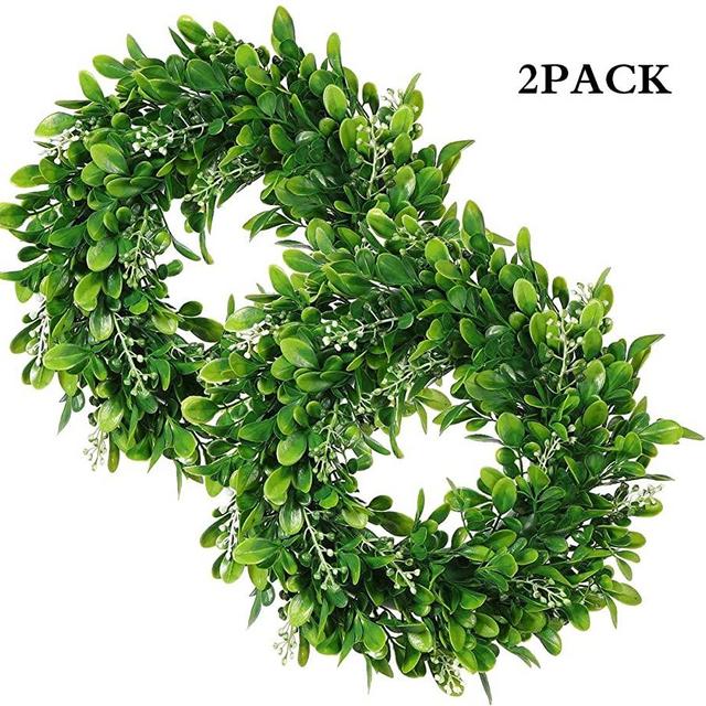 LSKYTOP 2 Pack Boxwood Wreath Round Wreath Artificial Wreath Green Leaves Wreath Door Wall Window Decoration,11Inch/PC